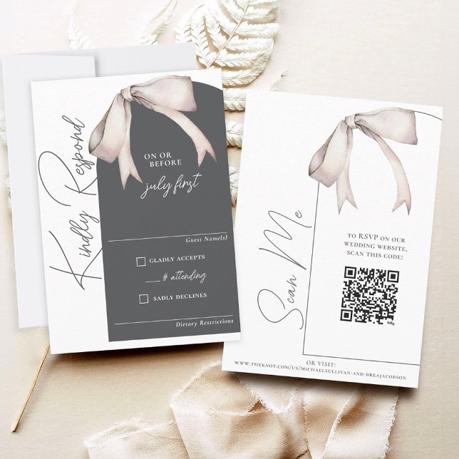 Elegant akvarellbåge Modern valvbåge Bröllop RSVP OSA Kort (Elegant modern floppy white watercolor coquette bow charcoal gray arch wedding QR code RSVP card)