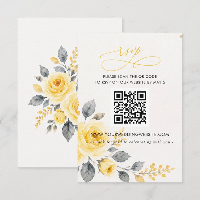 Elegant akvarellblomma gul grå QR-kod OSA Kort (Fram/baksida)