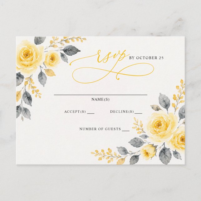 Elegant akvarellblomma gul grå RSVP Vykort (Framsida)