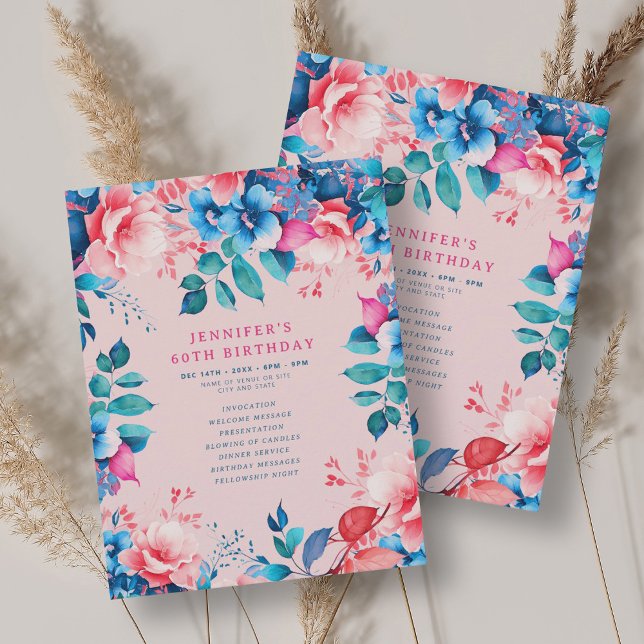 Elegant akvarellblommig 60-årsfödelsedagsprogram i inbjudningar (Chic Watercolor Floral 60th Birthday Program Blush)