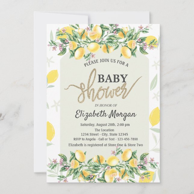 Elegant akvarellcitroner ram baby shower inbjudningar (Framsida)