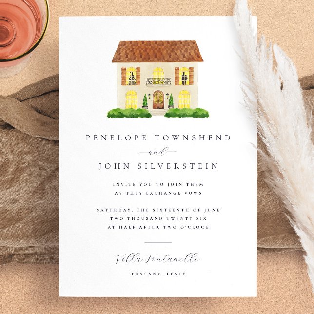 Elegant akvarellillustration av villa bröllop inbjudningar (Elegant Watercolor Villa Illustration Wedding Invitation)