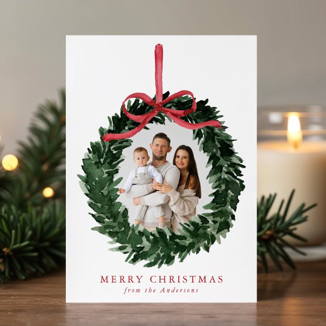 Elegant akvarellkrans med band 2 foto julkort (Skapare uppladdad)