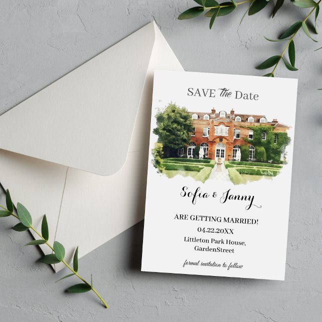 Elegant akvarellskiss för bröllopsplats spara datumet (Elegant Watercolor Wedding Venue Sketch Save The Date)