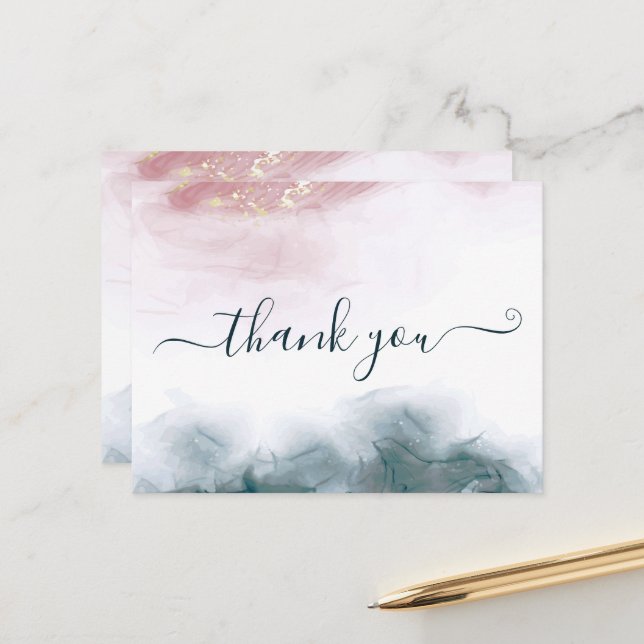 Elegant AlcoholInk Blush Blue Watercolor Thank You Vykort (Fram/Back In Situ)