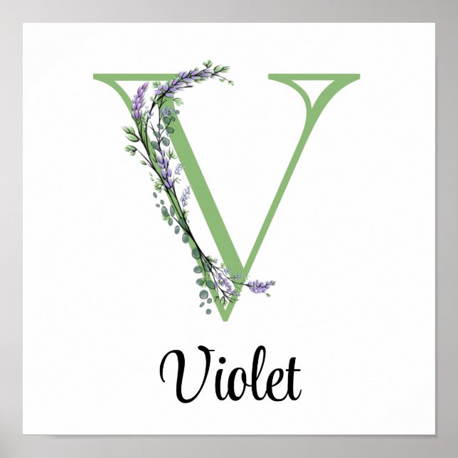 Elegant alfabet brev V Lavender Eucalyptus Poster (Framsidan)