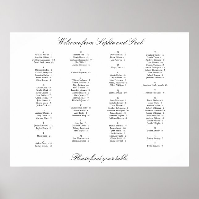 Elegant Alfabetisk Bröllopsplacering Chart Poster (Framsidan)