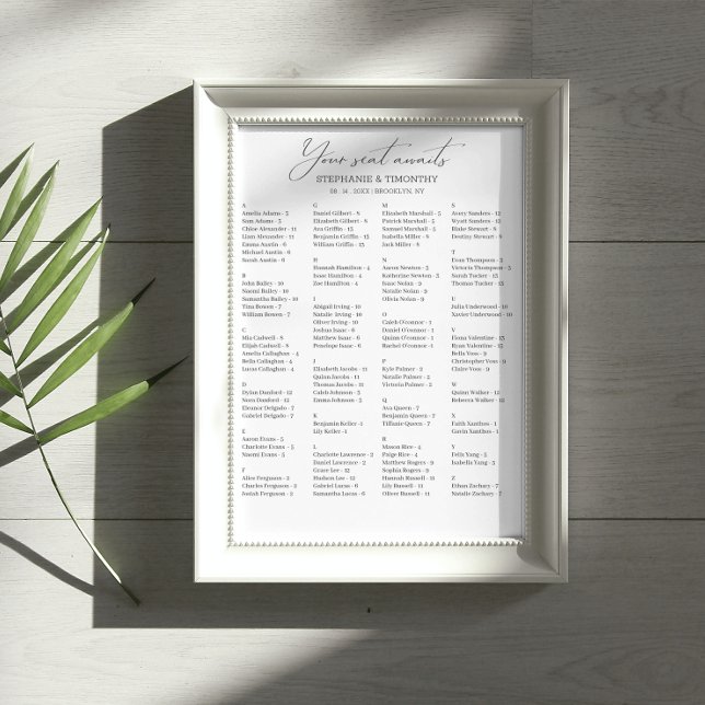 Elegant Alfabetiskt sittdiagram för Bröllop Poster (Ensure your guests can easily find their seats with our alphabetically organized guest list poster.)