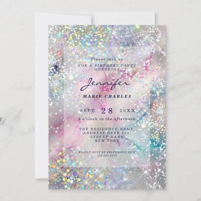 Elegant alkoholbläck holografisk glitter födelseda inbjudningar (Framsida)