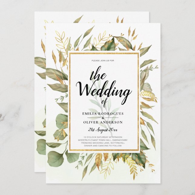 Elegant All-in-1 Grey Guld Löv Bröllop Inbjudningar (Fram/baksida)