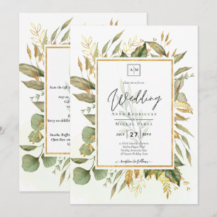 Elegant All-in-1 Grey Guld Löv Bröllop Inbjudningar