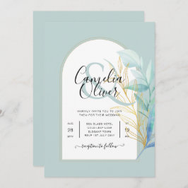 ELEGANT All-in-1 Sea Glass Guld Löv Sage Bröllop Inbjudningar