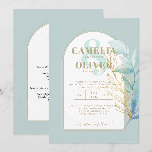 ELEGANT All-in-1 Sea Glass Guld Löv Sage Bröllop Inbjudningar (Fram/baksida)