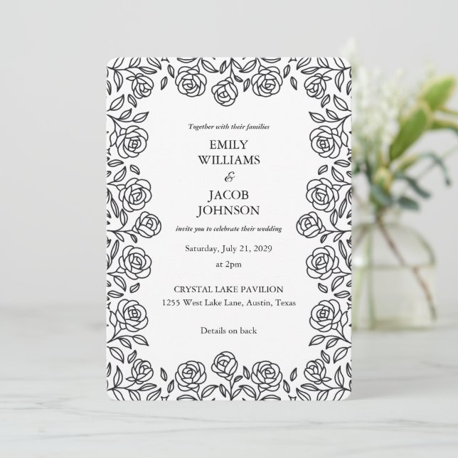 Elegant All in One Floral Black & White Wedding Inbjudningar (Stående Fram)