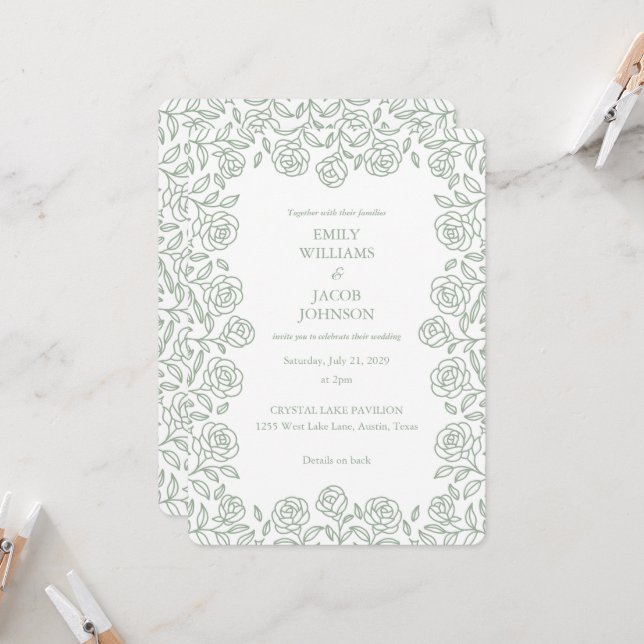 Elegant All in One Floral Sage & White Wedding Inbjudningar (Fram/Back In Situ)
