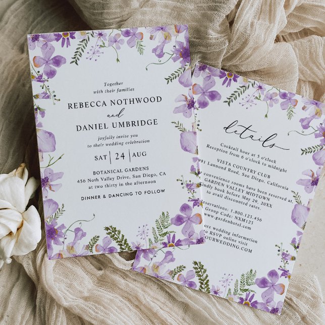Elegant alla i ett Rustic Lilac Flowers Bröllop Inbjudningar (Skapare uppladdad)