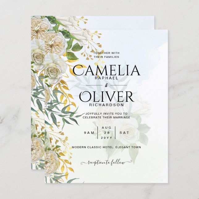 Elegant Allt-i-1 Vit ros Botaniska Bröllop (Fram/baksida)