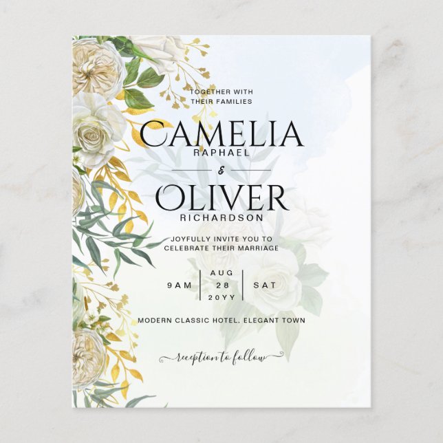 Elegant Allt-i-1 Vit ros Botaniska Bröllop Flygblad (Framsidan)