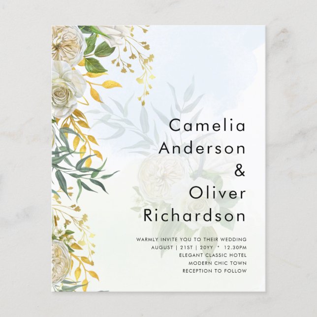 Elegant Allt-i-1 Vit ros Botaniska Bröllop Flygblad (Framsidan)