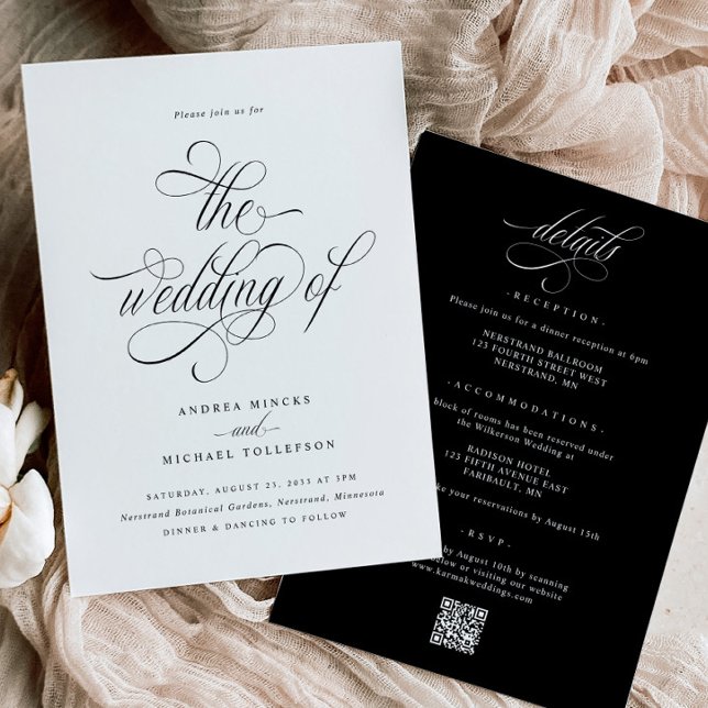 Elegant allt i en bröllopsinbjudan med information inbjudningar (Elegant Luxury Wedding Invitations - Black & White Luxury Calligraphy Script - Details on Back)