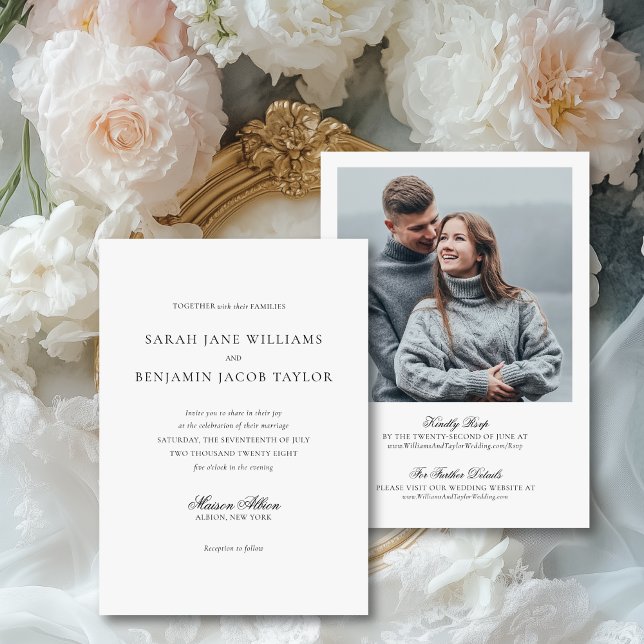 Elegant allt i en bröllopsinbjudan med OSA Inbjudningar (These elegant, formal, all-in-one wedding invites features a classic script and a photo on the back)