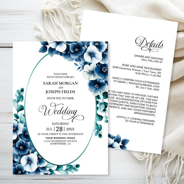 Elegant allt-i-ett blå blomsterbröllop inbjudningar (Skapare uppladdad)