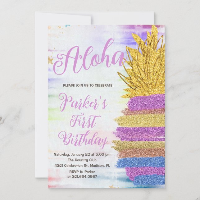 Elegant Aloha Lila Rainbow Pineapple Birthday Inbjudningar (Framsida)