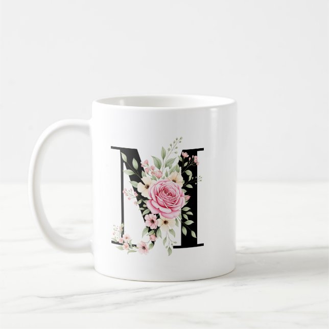 Elegant Alphabet Coffee Cup with Pink Rose Design Kaffemugg (Vänster)