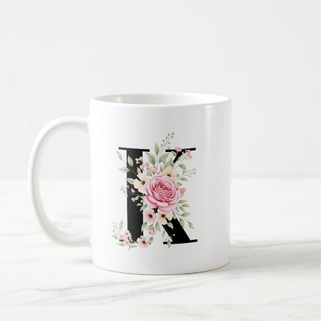 Elegant Alphabet Coffee Cup with Pink Rose Design Kaffemugg (Vänster)