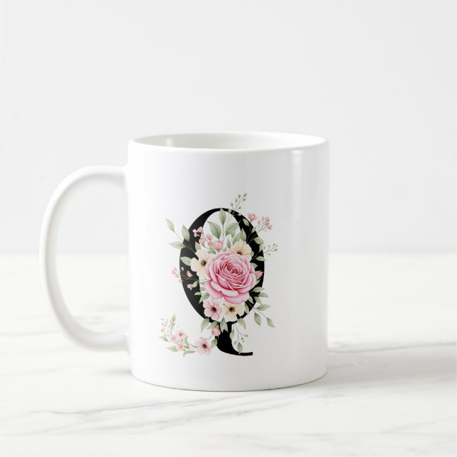 Elegant Alphabet Coffee Cup with Pink Rose Design Kaffemugg (Vänster)