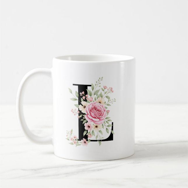 Elegant Alphabet Coffee Cup with Pink Rose Design Kaffemugg (Vänster)