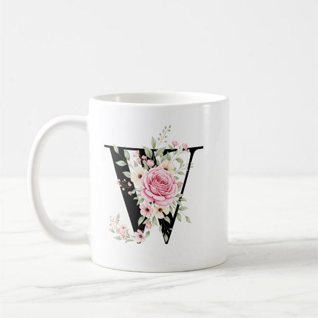 Elegant Alphabet Coffee Cup with Pink Rose Design Kaffemugg (Vänster)