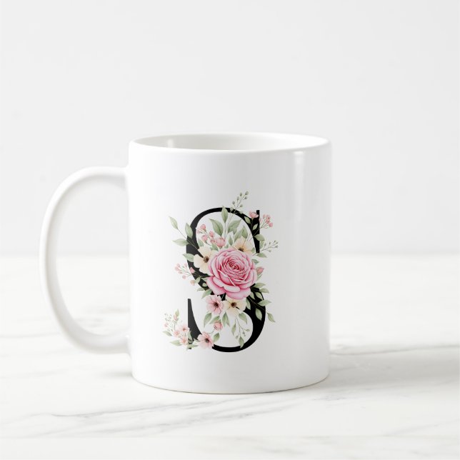Elegant Alphabet Coffee Cup with Pink Rose Design Kaffemugg (Vänster)