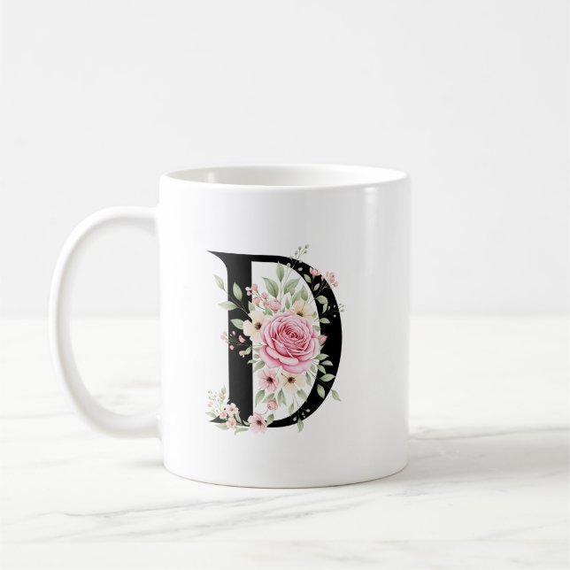 Elegant Alphabet Coffee Cup with Pink Rose Design Kaffemugg (Vänster)