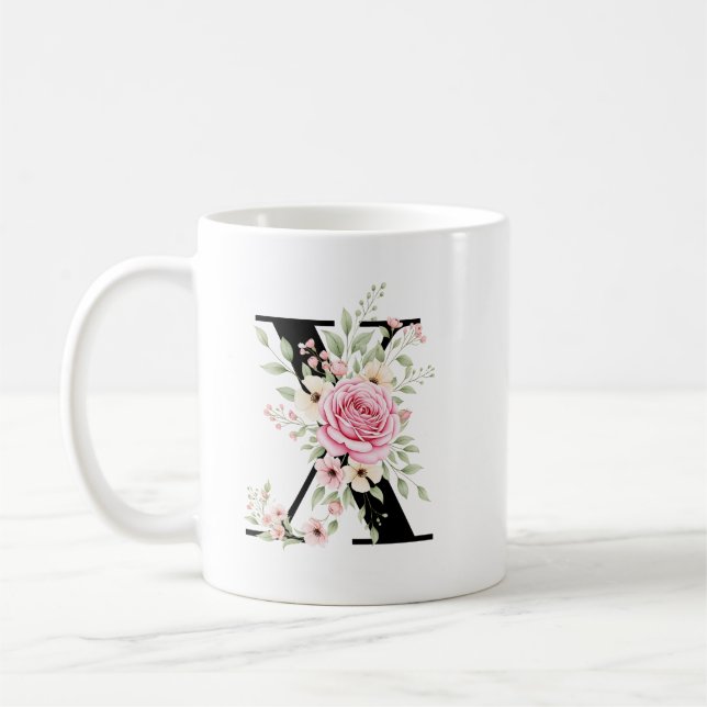 Elegant Alphabet Coffee Cup with Pink Rose Design Kaffemugg (Vänster)