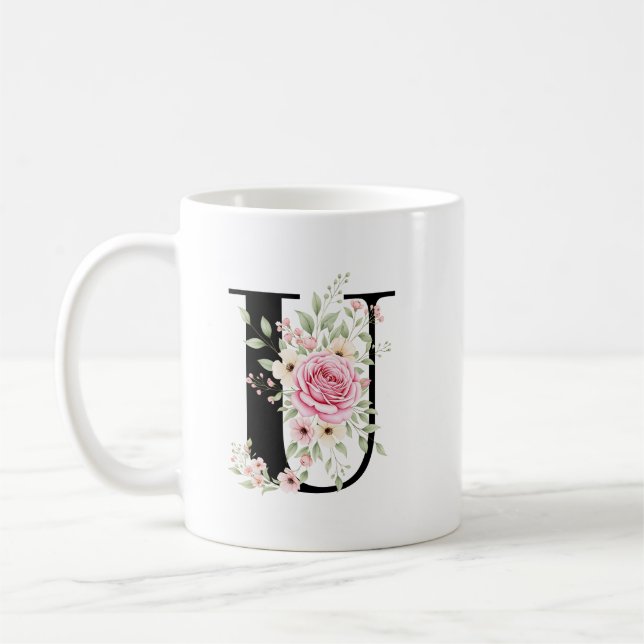 Elegant Alphabet Coffee Cup with Pink Rose Design Kaffemugg (Vänster)