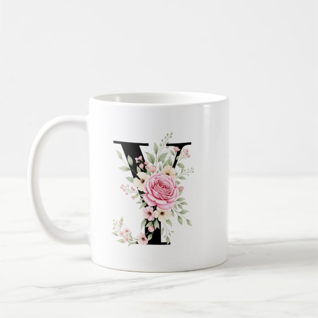 Elegant Alphabet Coffee Cup with Pink Rose Design Kaffemugg (Vänster)