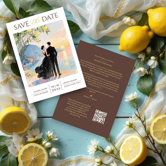 Elegant Amalfi Coast Lemon Tree Wedding Couple Spara Datumet (Elegant Amalfi Coast Lemon Tree Chic Wedding Couple Save the Date Cards with Back QR Code.)