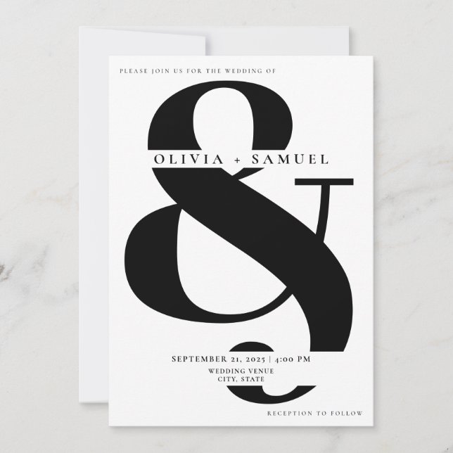 Elegant Ampersand minimalist Black White Bröllop Inbjudningar (Framsida)
