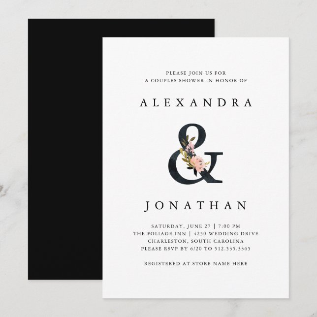 Elegant Ampersand | Svartvit Par Shower Inbjudningar (Fram/baksida)