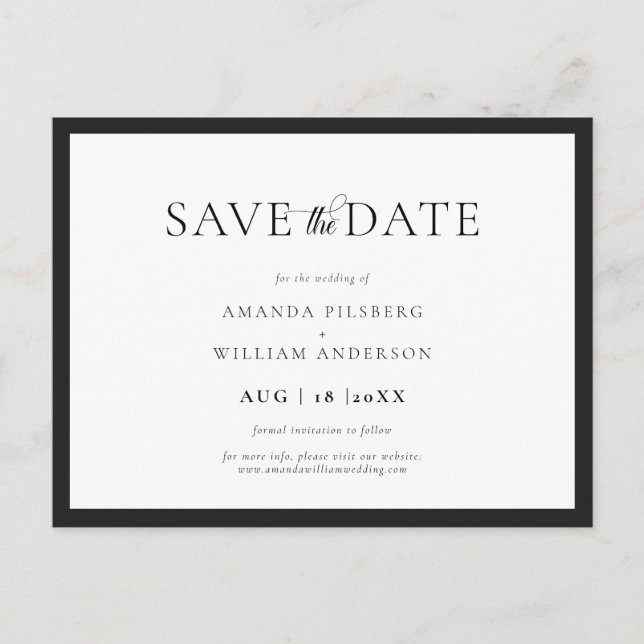 Elegant and Classic Black & White Save the Date Vykort (Framsida)