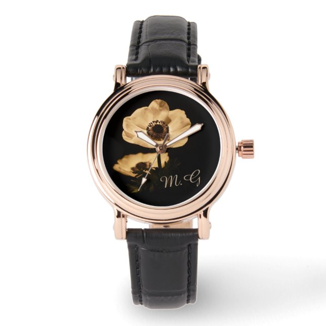 Elegant Anemon Blomma Svart Monogram Armbandsur (Framsida)