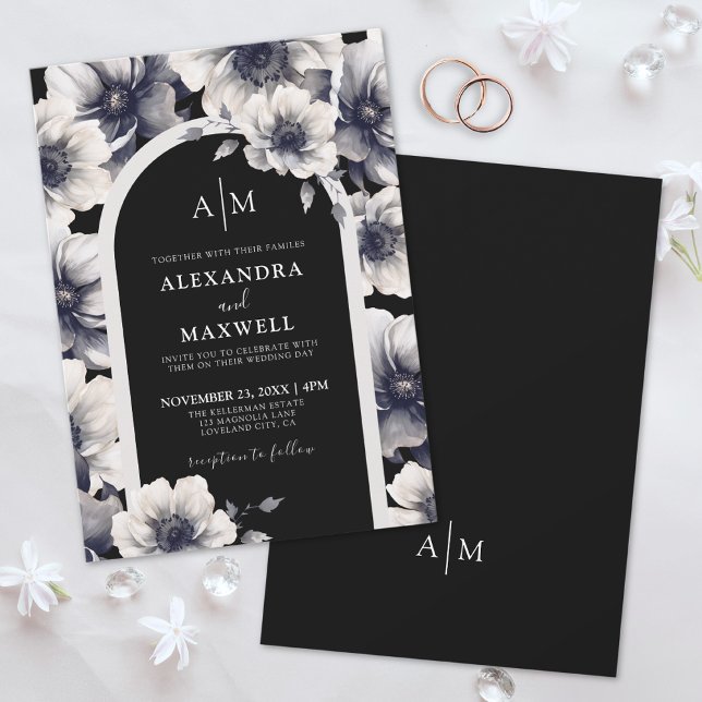 Elegant Anemon Vit Svart Blommig Bröllop Inbjudningar (Elegant Anemone White Black Floral Wedding Invitation)