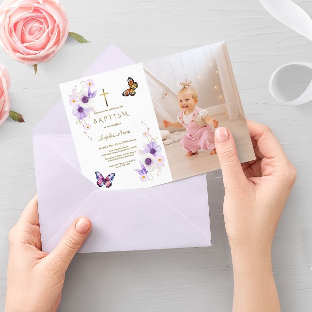 Elegant Anemone Butterfly Girl Photo Baptism Inbjudningar (butterfly anemone photo baptism invitation, girl baptism butterflies invite, floral photo baptism)