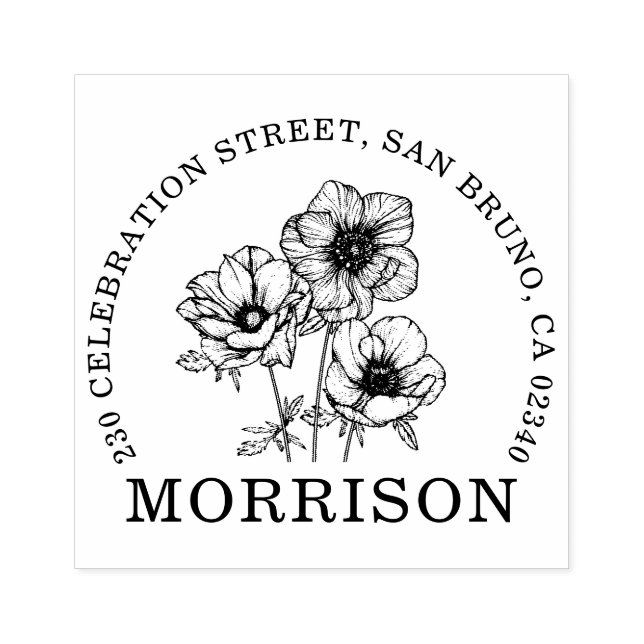 Elegant Anemone Flowers Namn Round Returadress Stämpel (Tryck)