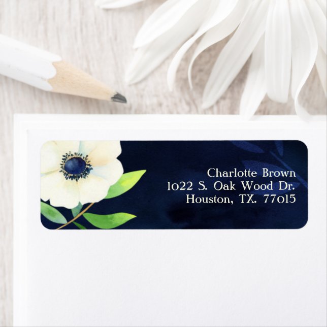 Elegant Anemone Navy Blue Bröllop Adress Returadress Etikett (Insitu)
