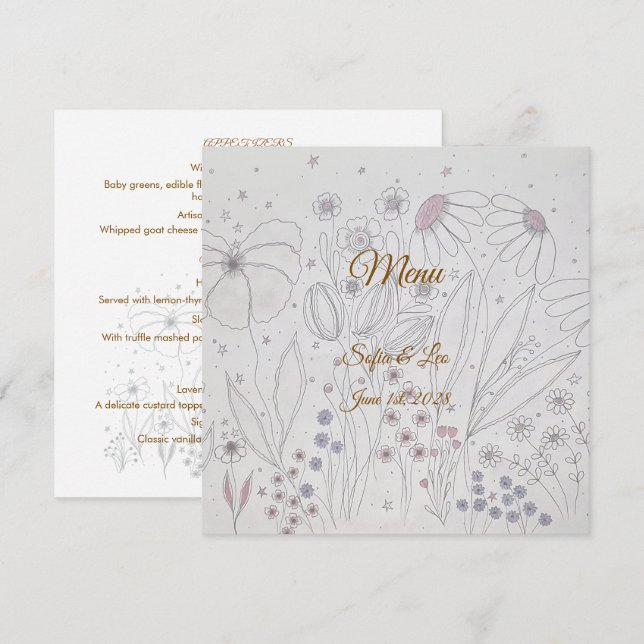 Elegant äng med vilda blommor fyrkantig bröllopspl meny (Fram/baksida)