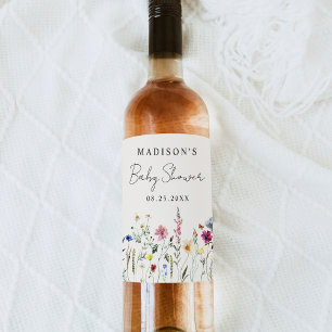 Elegant äng med vilda blommor kräm baby shower vinflaska etikett