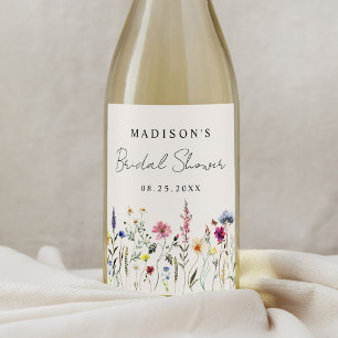 Elegant äng med vilda blommor kräm Bröllopsdusch Vinflaska Etikett