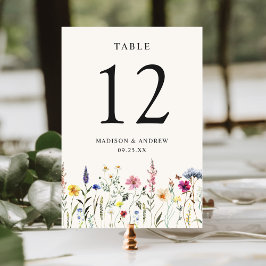 Elegant äng med vilda blommor krämvit bröllopskjol bordsnummer